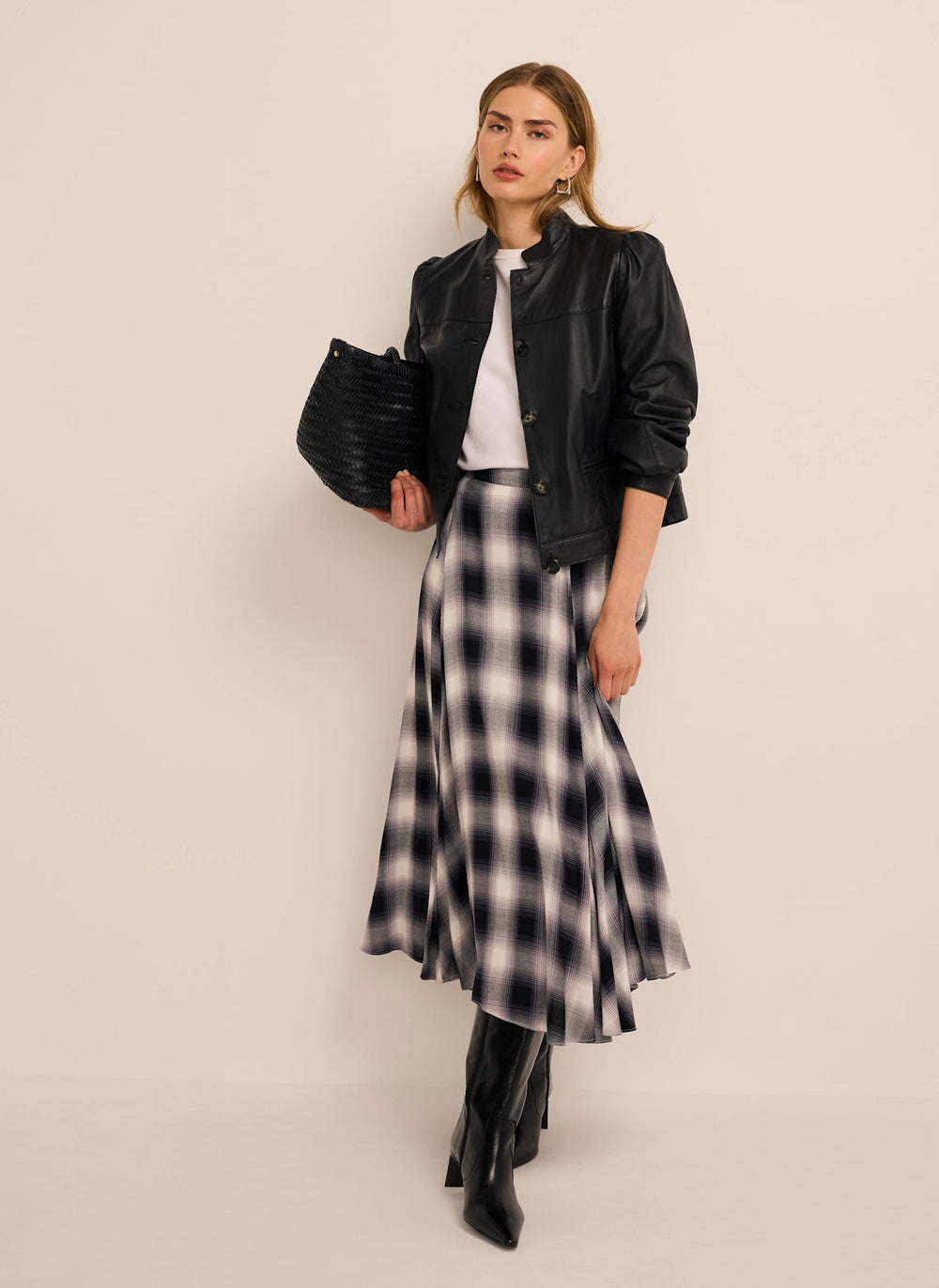 Grey Check Flounce Midi Skirt
