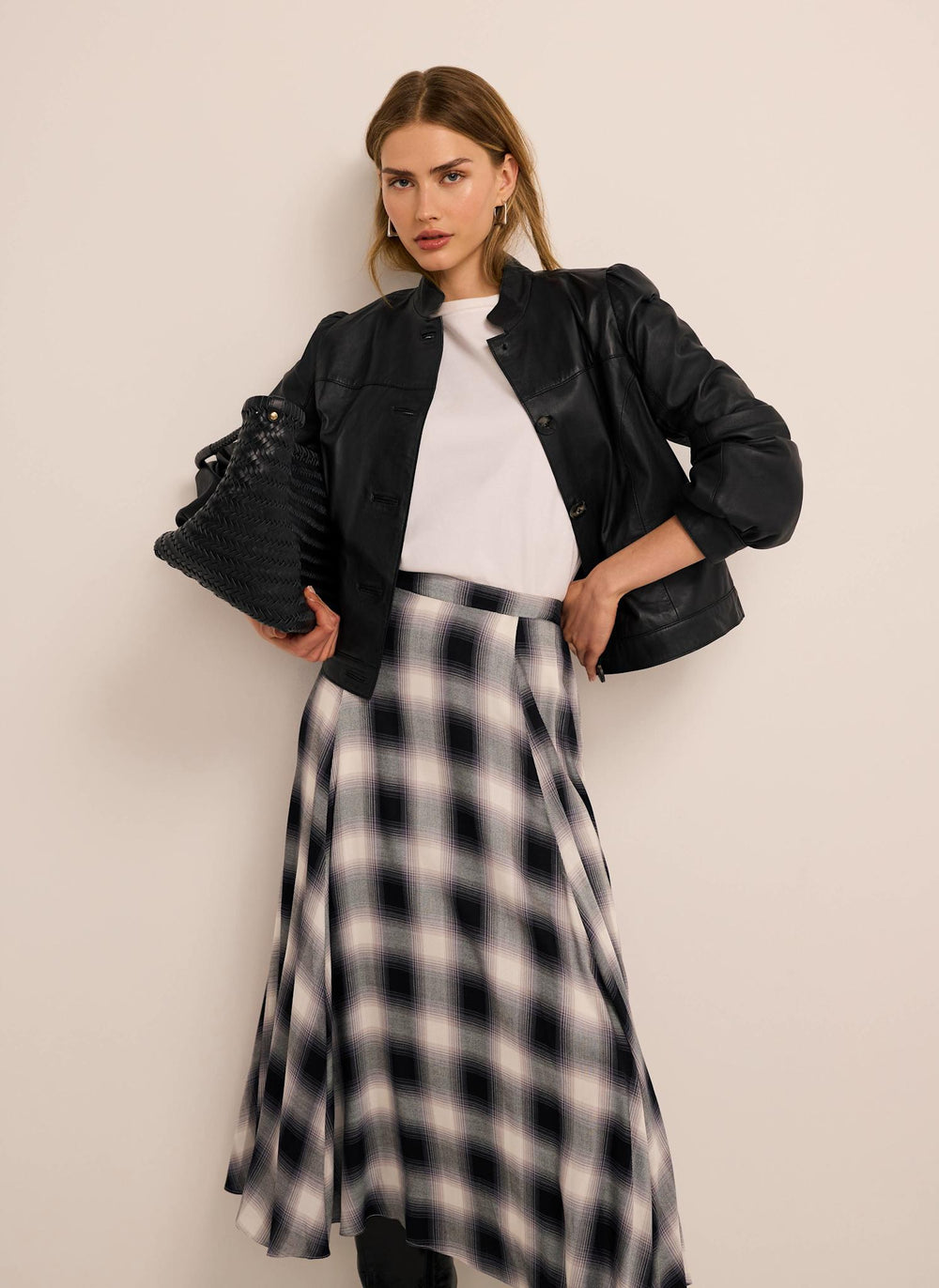 Grey Check Flounce Midi Skirt