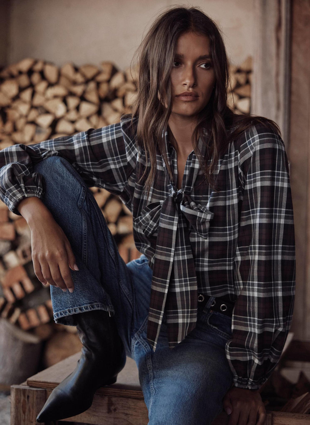 Brown Checked Cotton Tie Neck Blouse