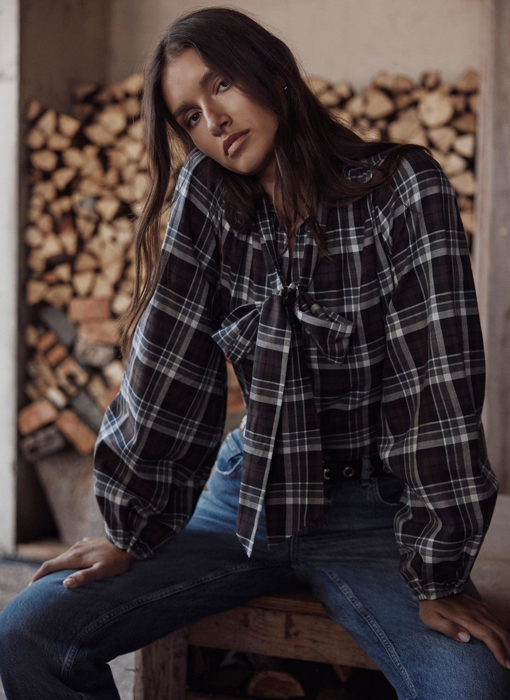 Brown Checked Cotton Tie Neck Blouse