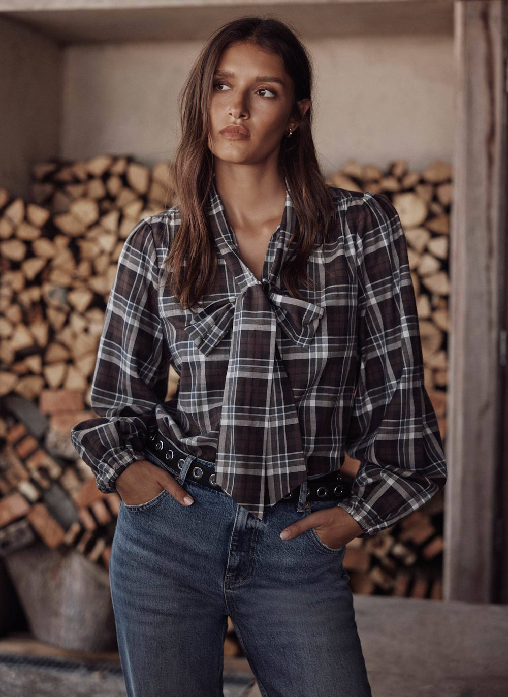 Brown Checked Cotton Tie Neck Blouse