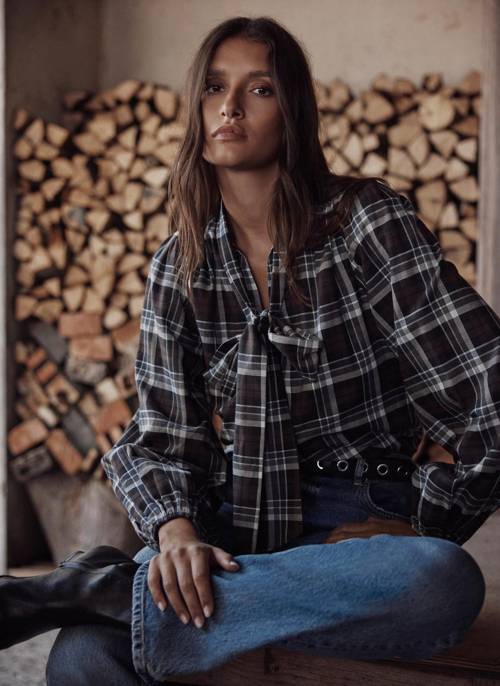 Brown Checked Cotton Tie Neck Blouse