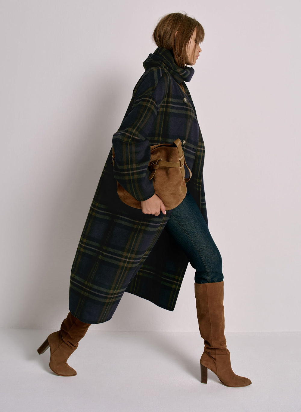 Navy Check Wool Blend Hand Finished Scarf Coat