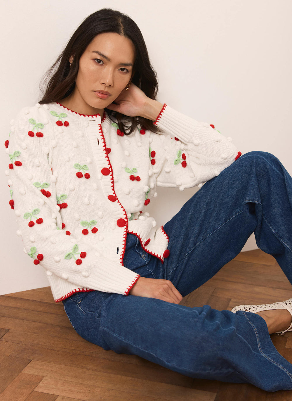Cream Cherry Applique Knit Cardigan