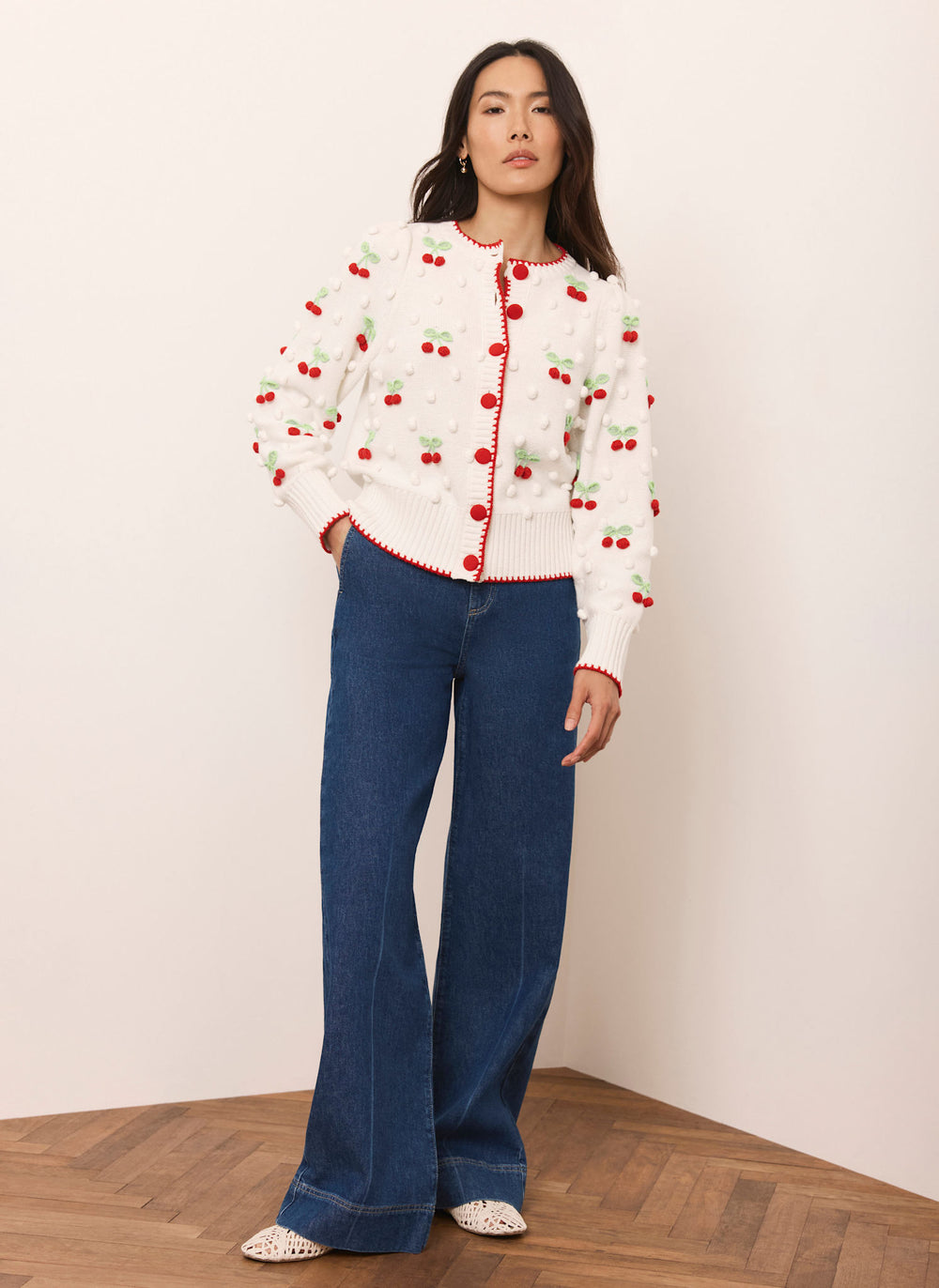 Cream Cherry Applique Knit Cardigan