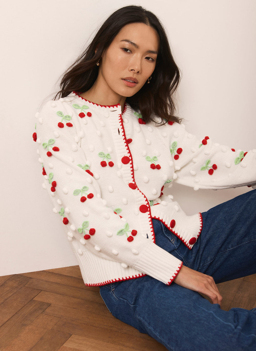 Cream Cherry Applique Knit Cardigan