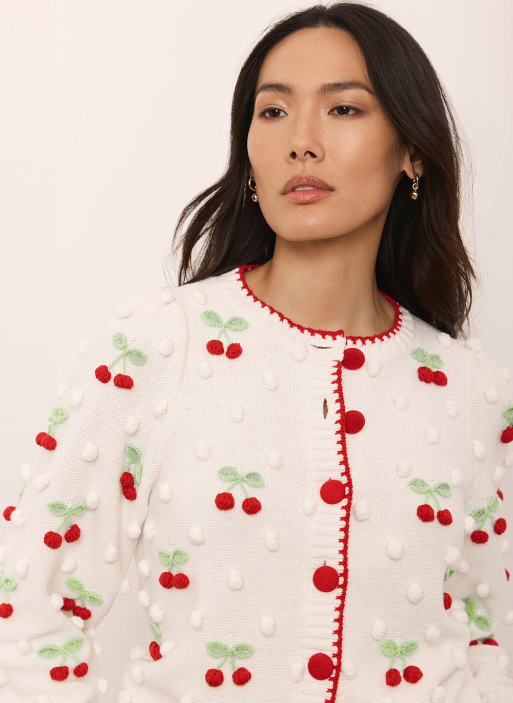Cream Cherry Applique Knit Cardigan
