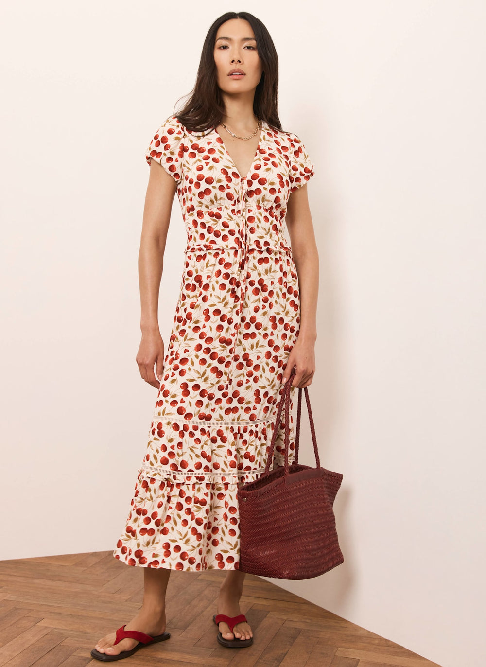 Red Cherry Print Midi Dress