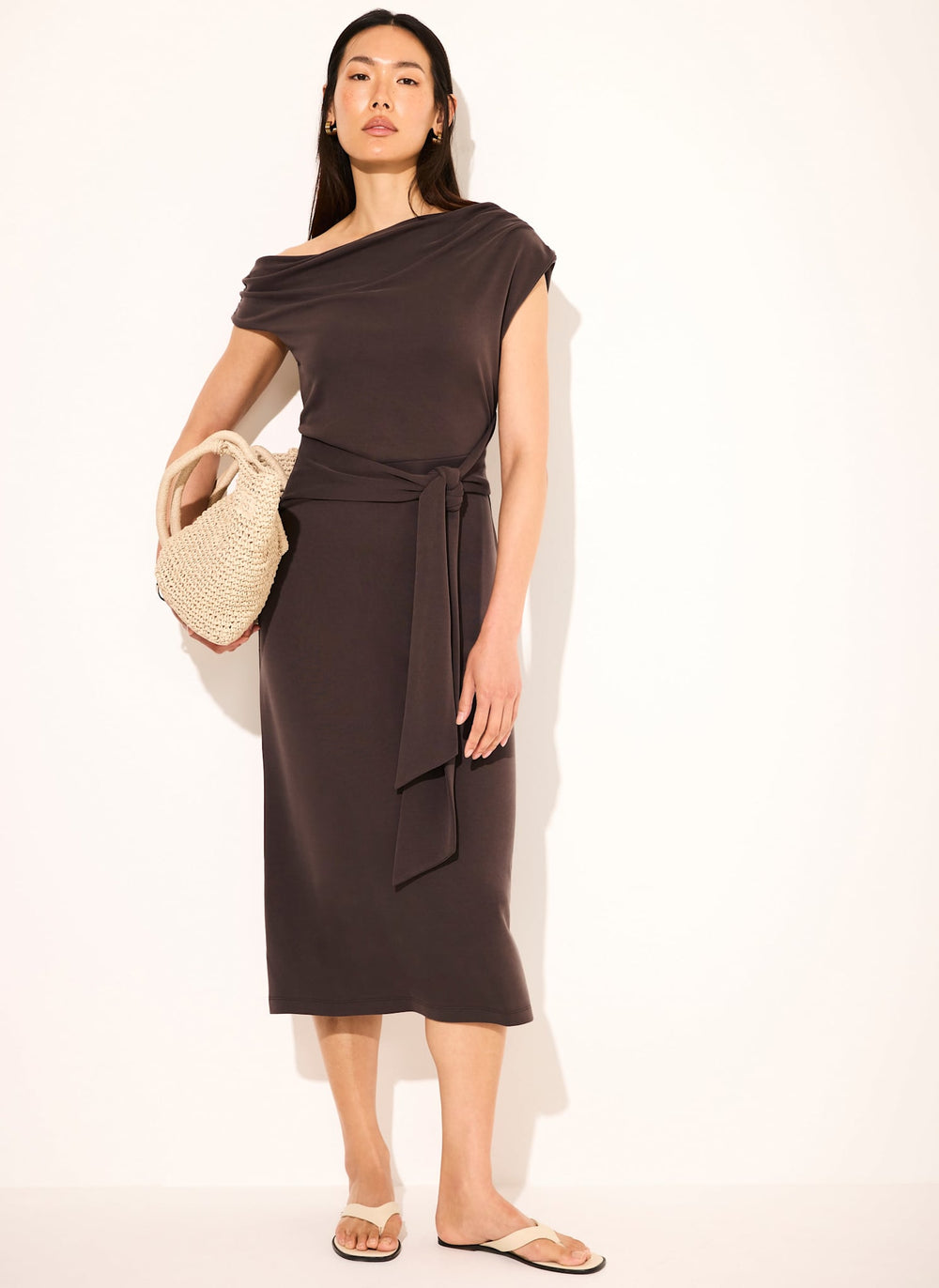 dark brown waist tie midi dress Mint Velvet Brown Tie Detail Midi Dress | Size XS | Brown