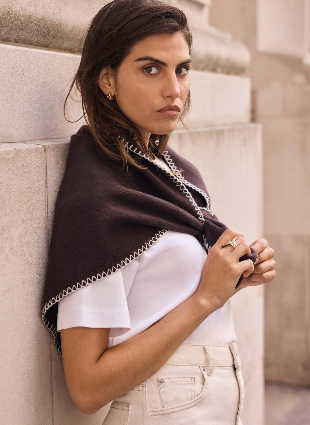 Brown Knit Blanket Stitch Scarf