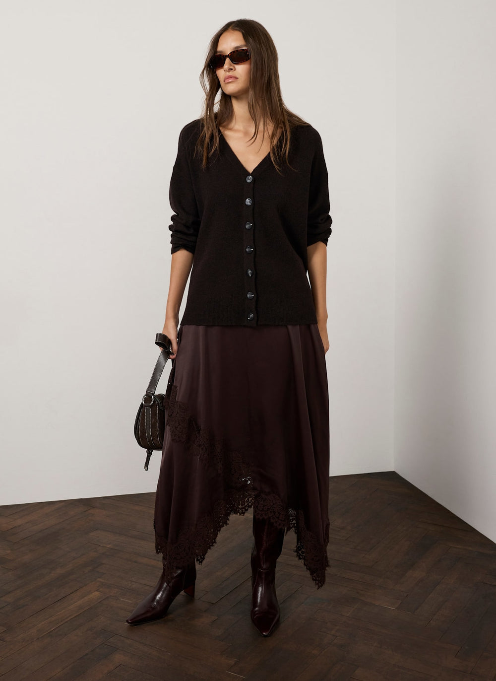 Brown V-Neck Knit Cardigan