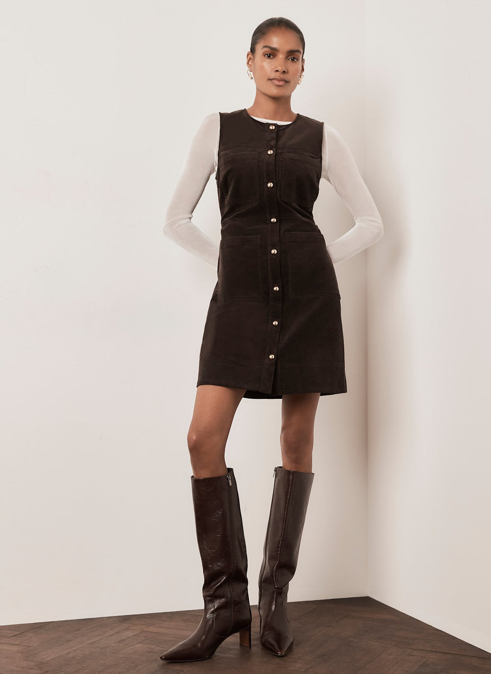 Brown Corduroy Sleeveless Patch Pocket Mini Dress