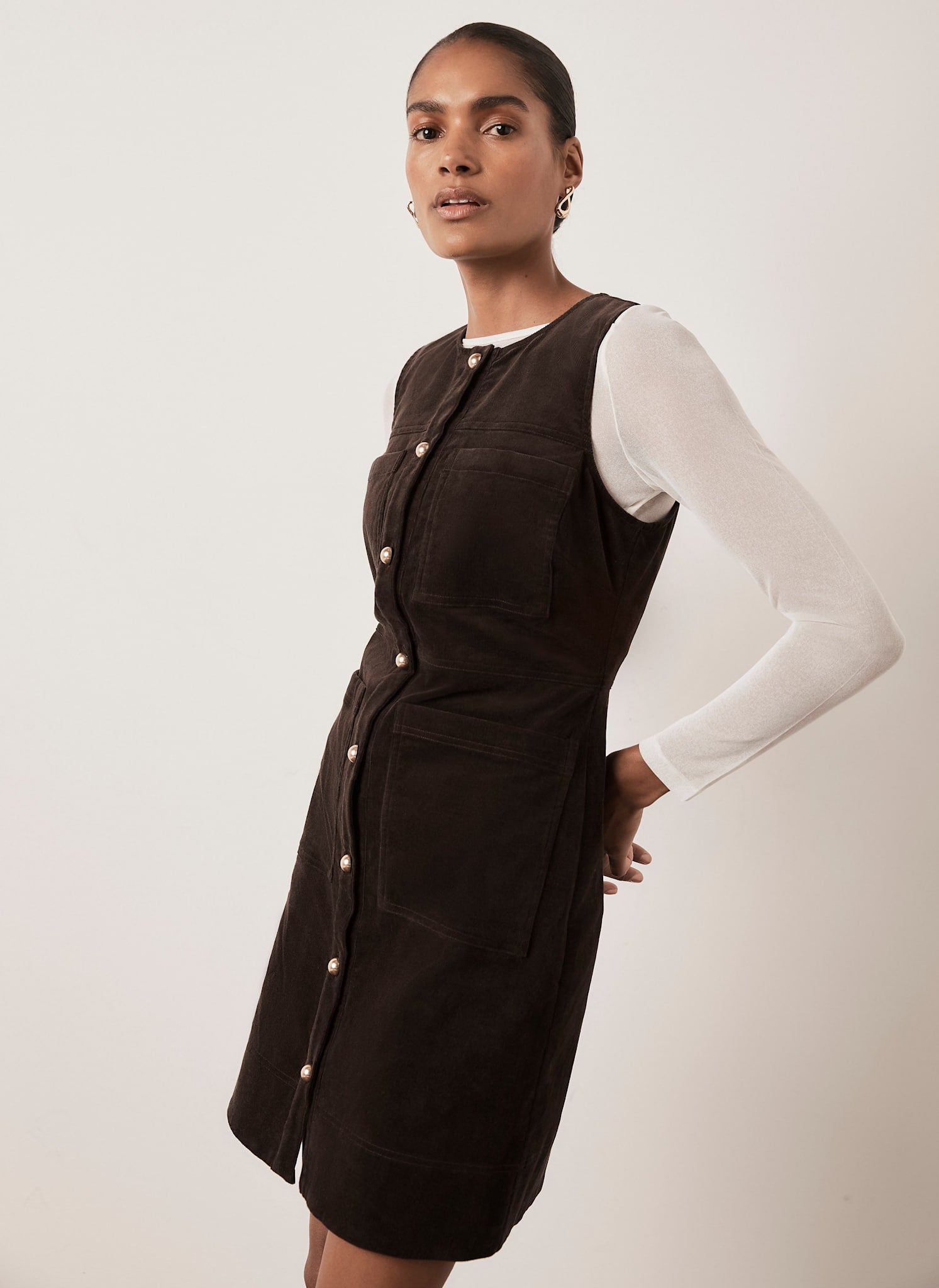Brown Corduroy Sleeveless Patch Pocket Mini Dress – Mint Velvet