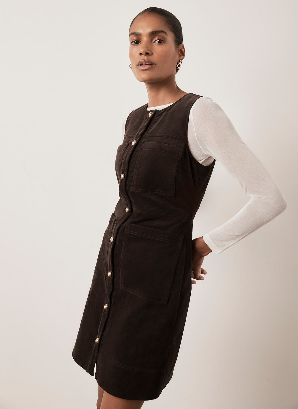 Brown Corduroy Sleeveless Patch Pocket Mini Dress