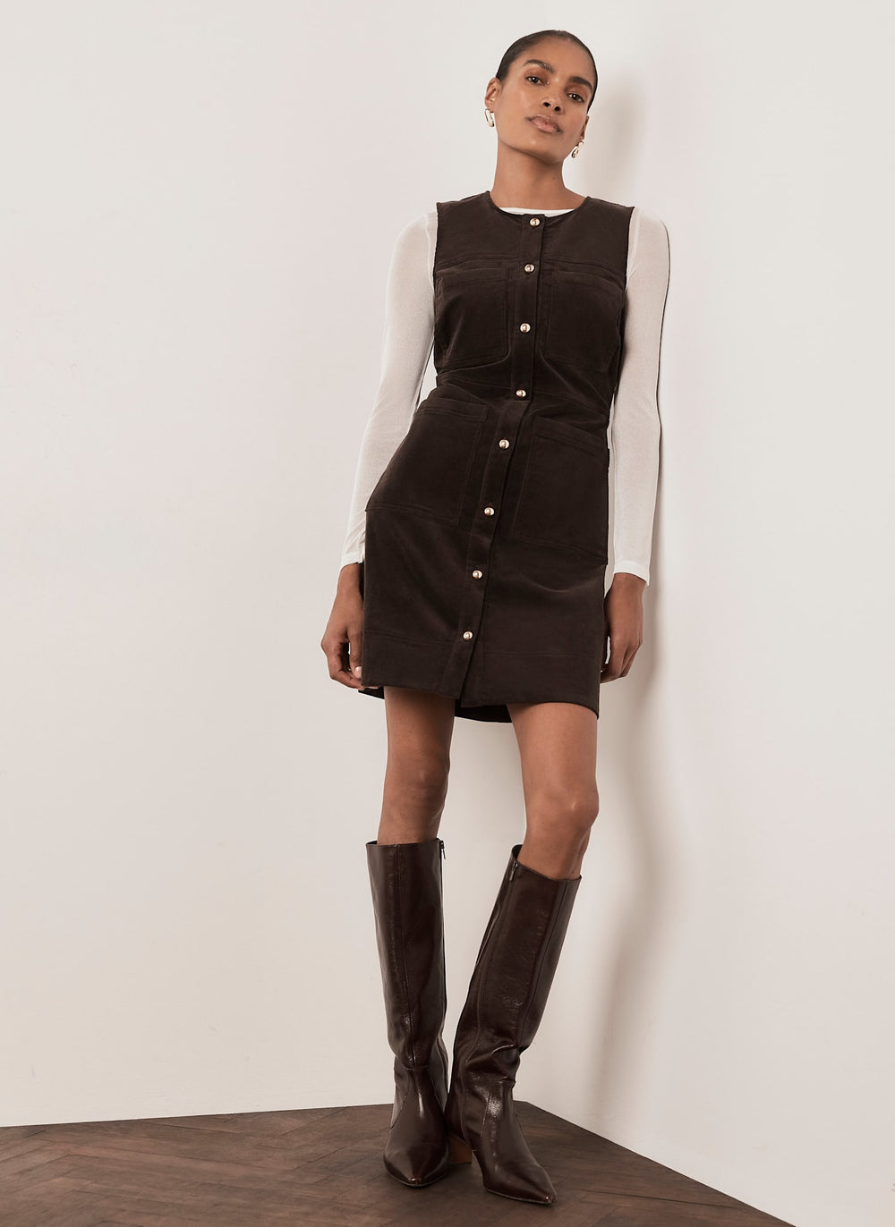 Brown Corduroy Sleeveless Patch Pocket Mini Dress