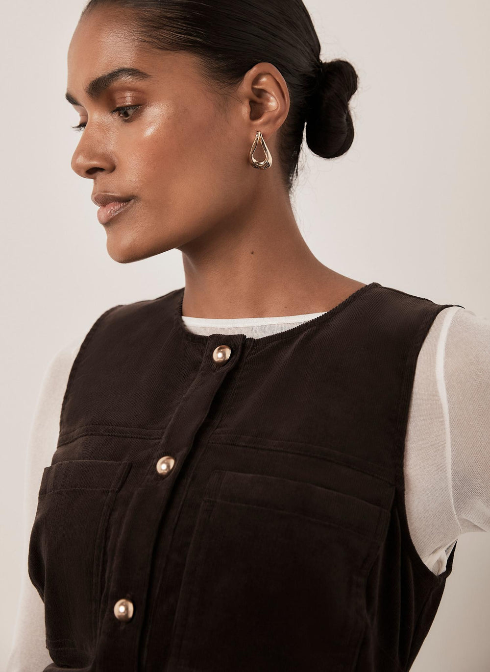 Brown Corduroy Sleeveless Patch Pocket Mini Dress