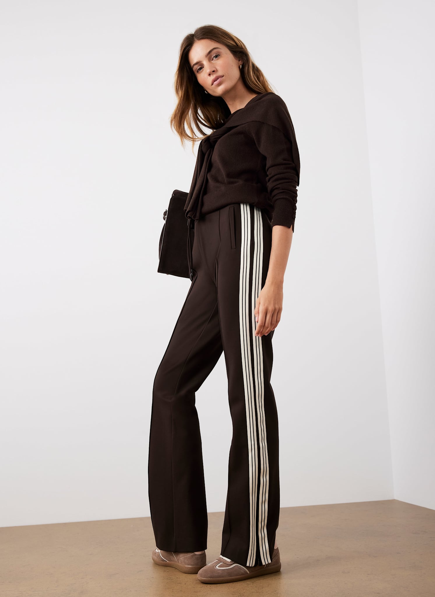 Brown Side Stripe Flared Trousers