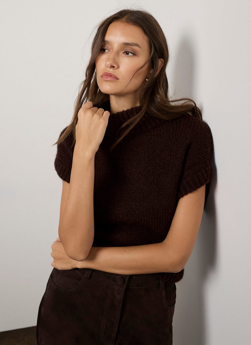 Brown High Neck Knit Top