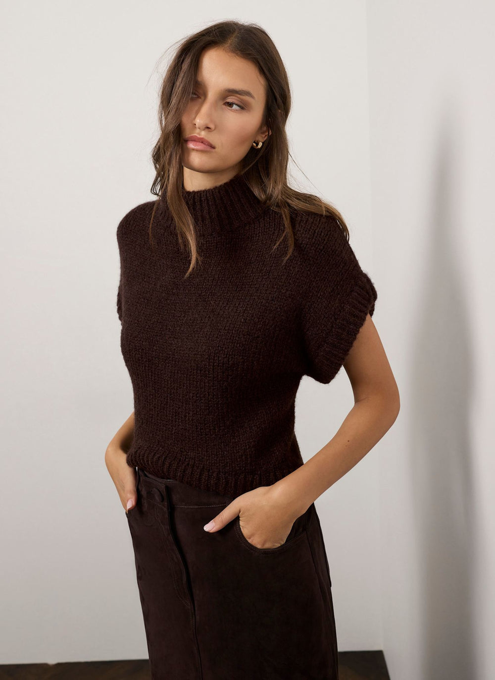 Brown High Neck Knit Top
