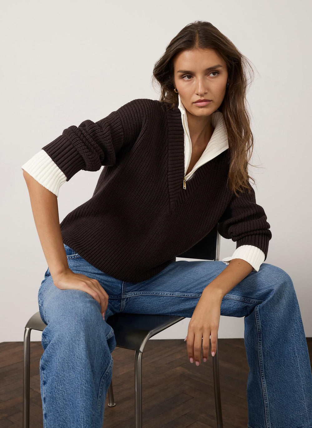 Brown Layered Funnel Neck Zip Jumper