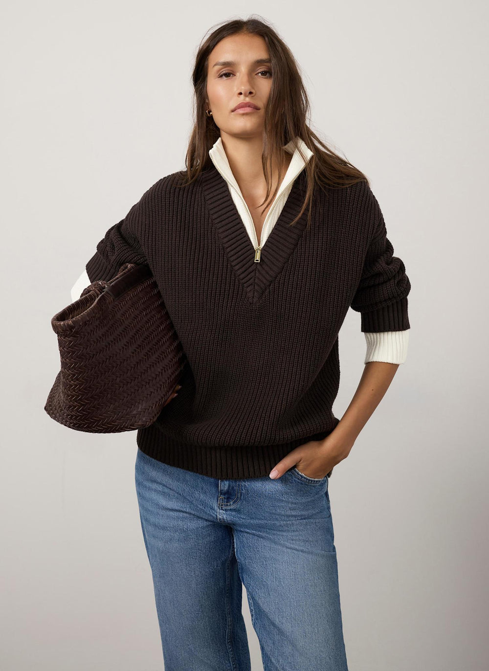 Brown Layered Funnel Neck Zip Jumper