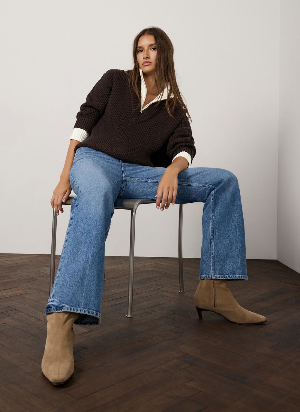 Brown Layered Funnel Neck Zip Jumper