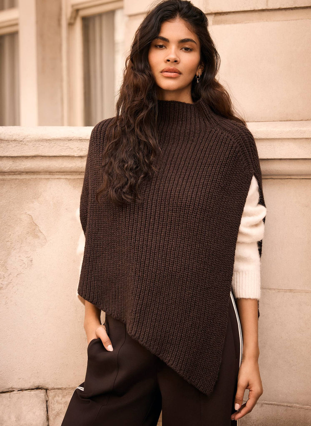 Brown Ribbed Knit Asymmetric Cape