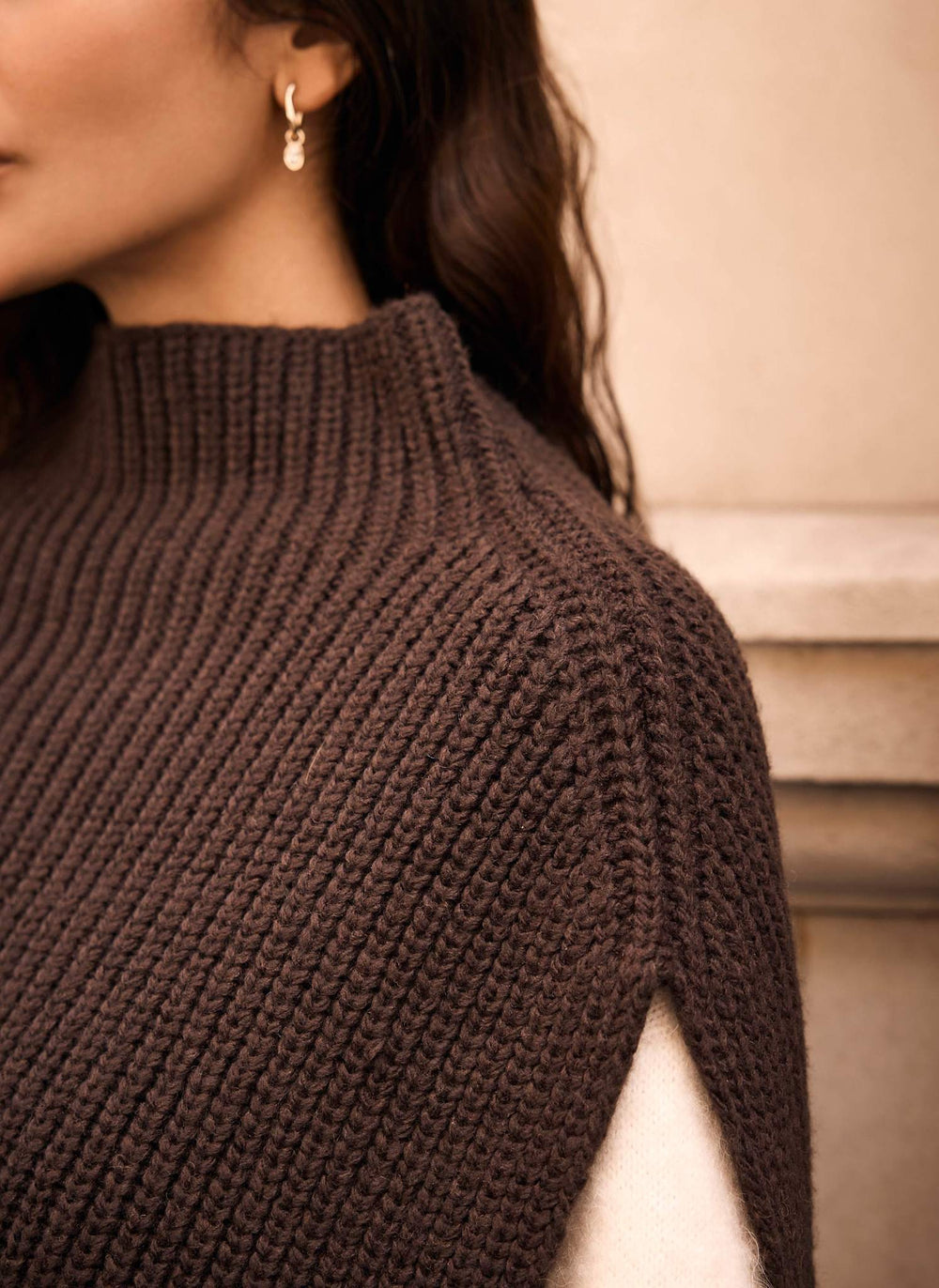 Brown Ribbed Knit Asymmetric Cape