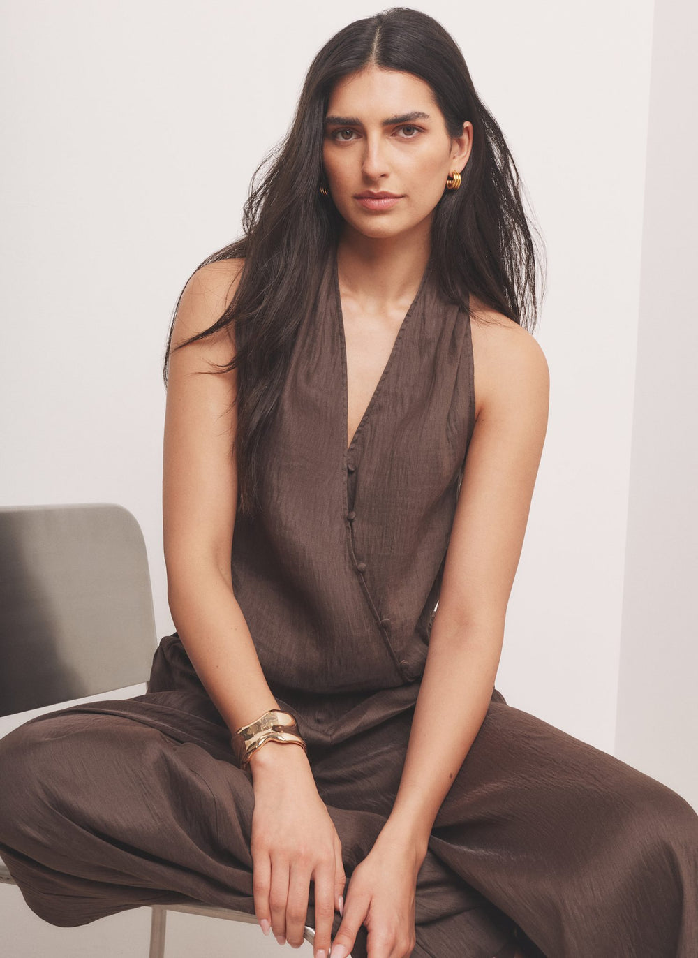 Brown Linen Blend Halter Top