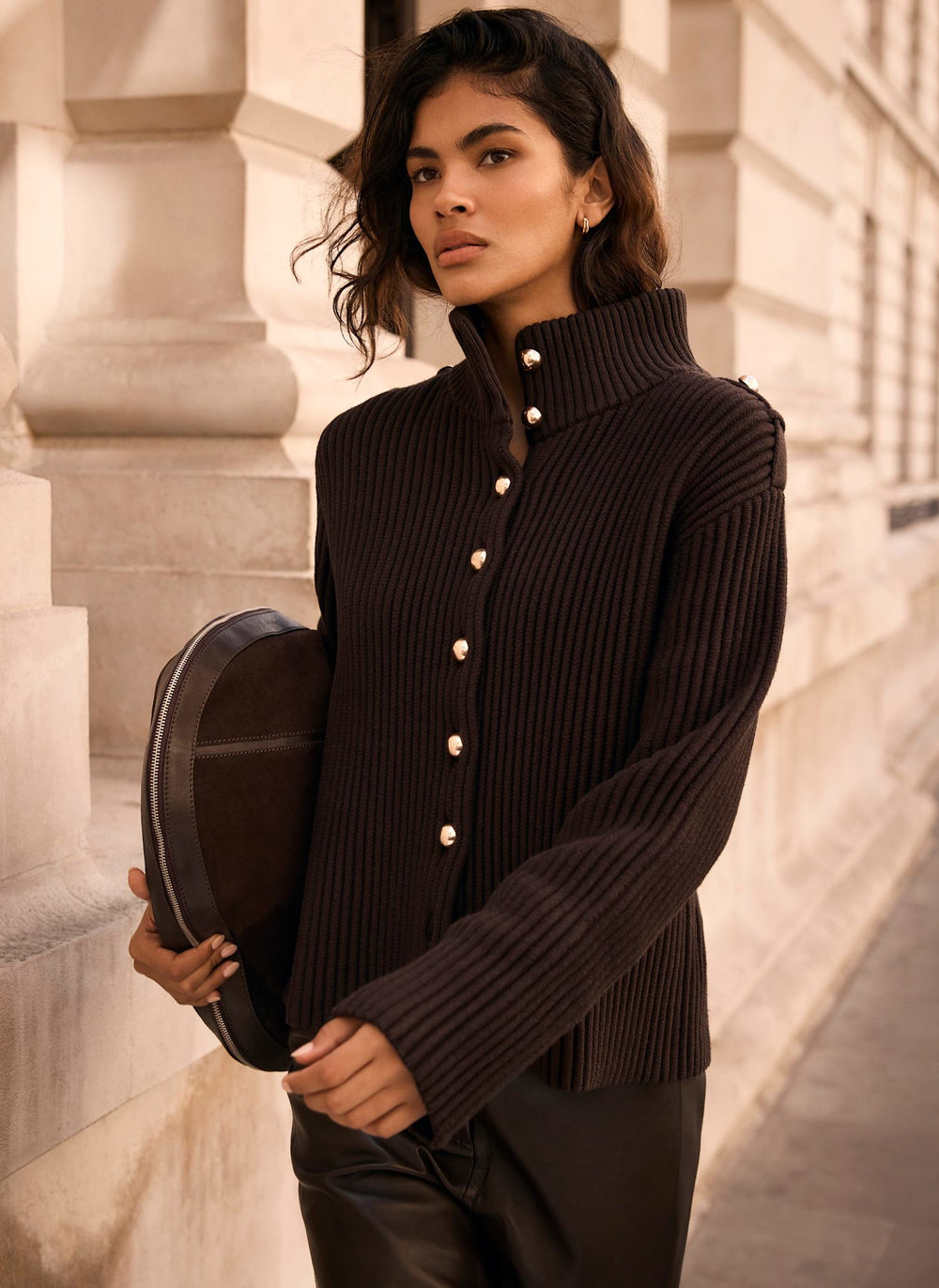 Brown Ribbed Knit Jacket