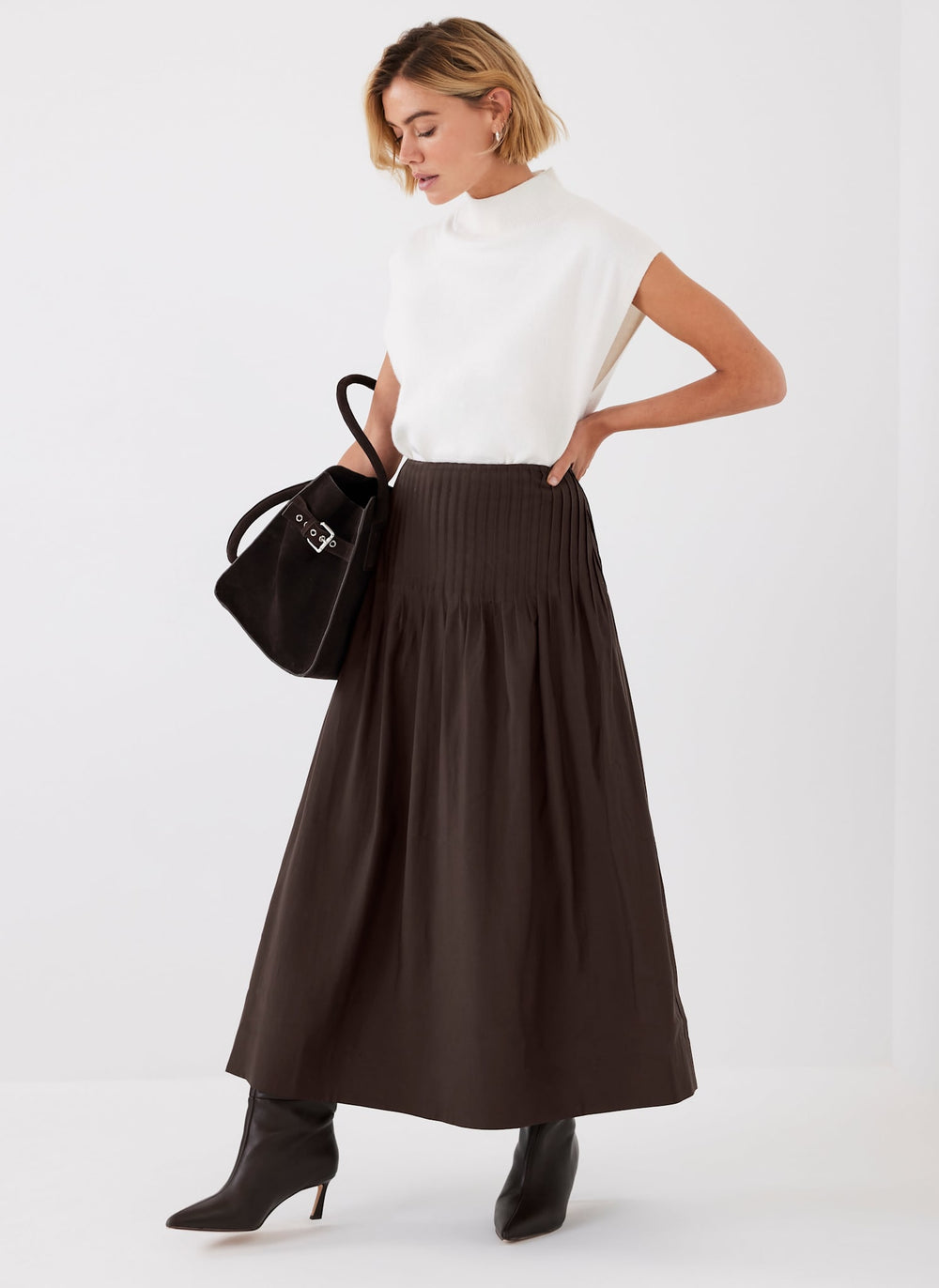Brown Pintuck Maxi Skirt