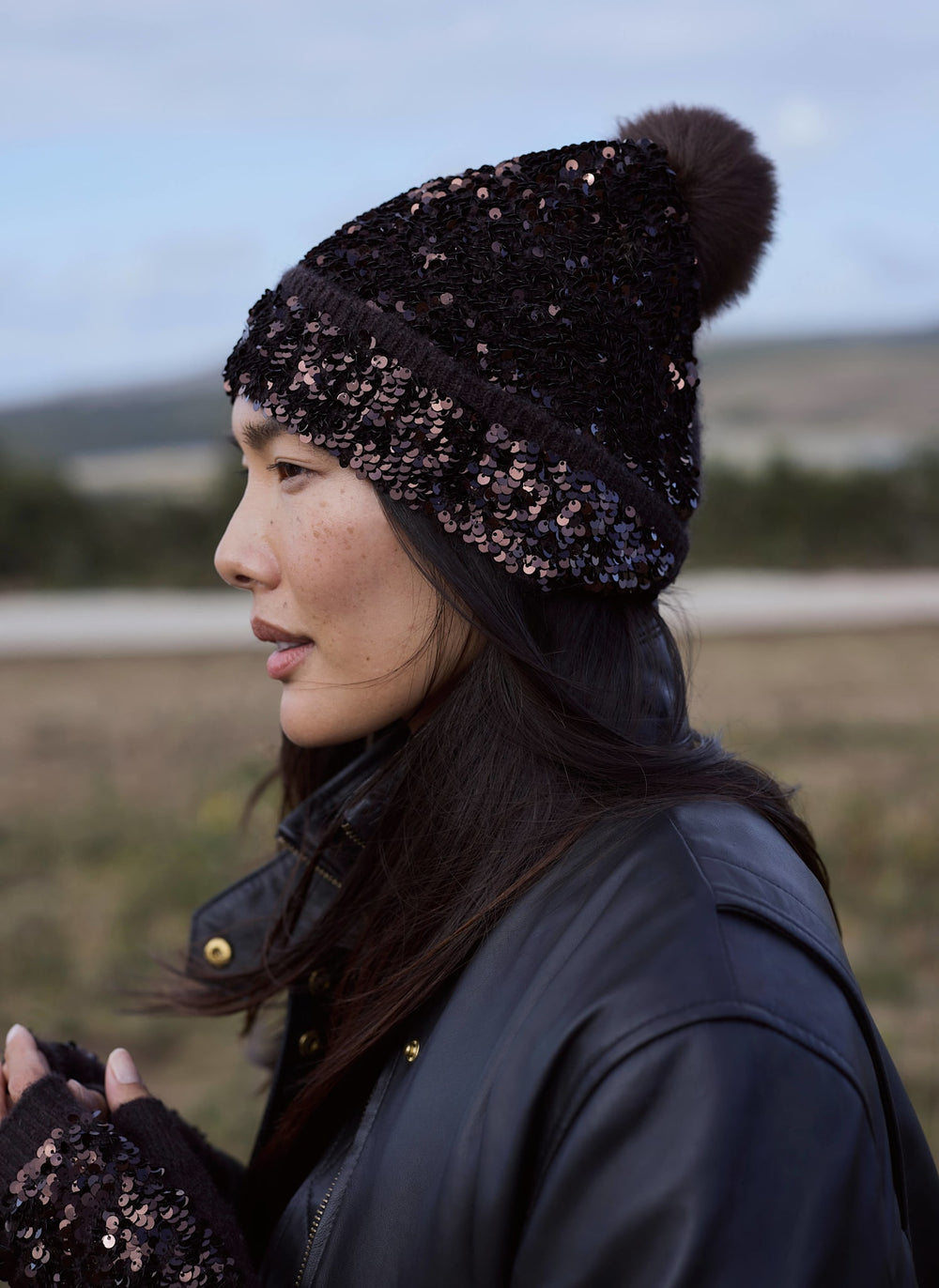 Brown Sequin Wool Blend Knit Hat