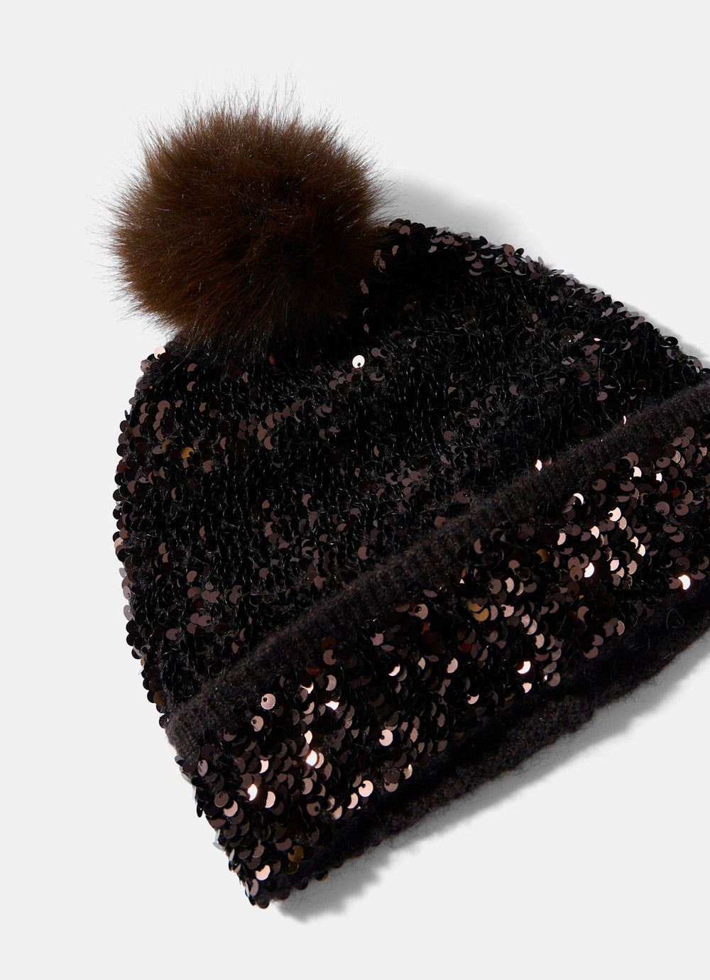 Brown Sequin Wool Blend Knit Hat