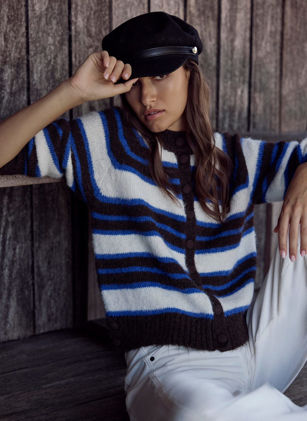 Brown and Blue Striped Knit Cardigan