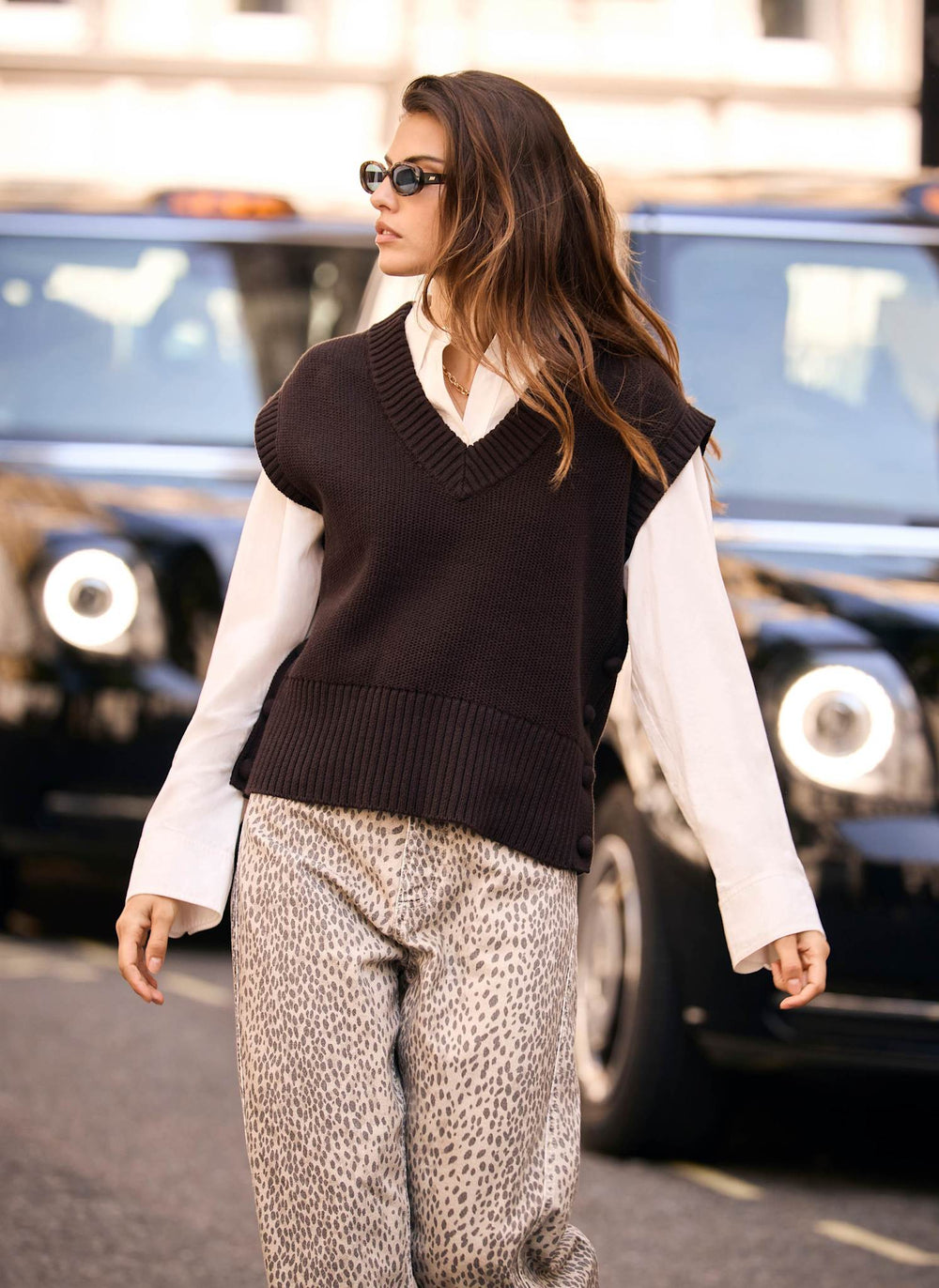 Brown Sleeveless V Neck Knit Top