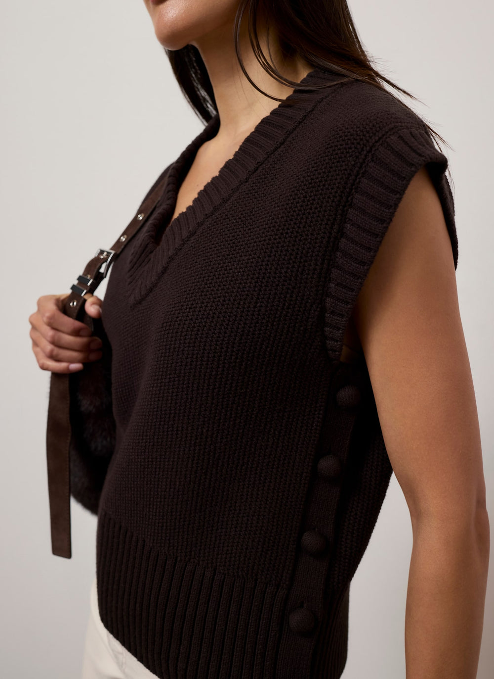 Brown Sleeveless V Neck Knit Top