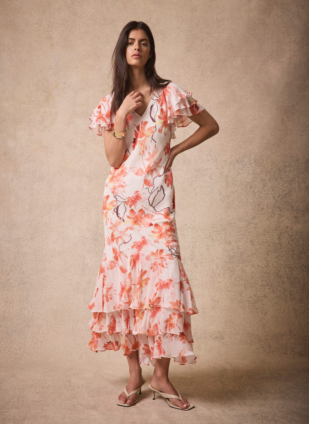 Neutral Floral Print Midi Dress