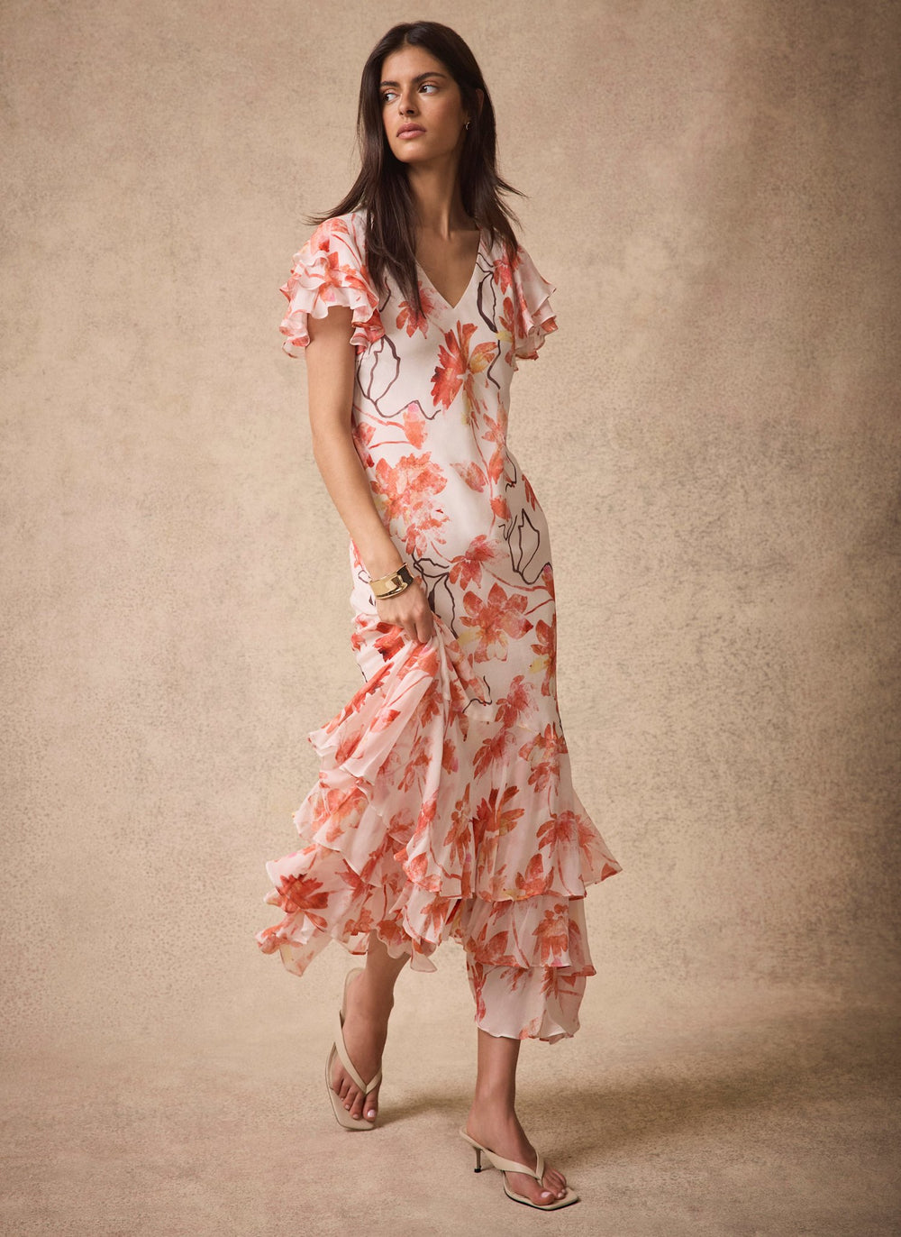 Neutral Floral Print Midi Dress