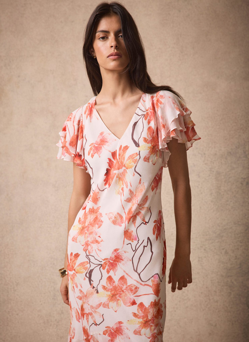 Neutral Floral Print Midi Dress
