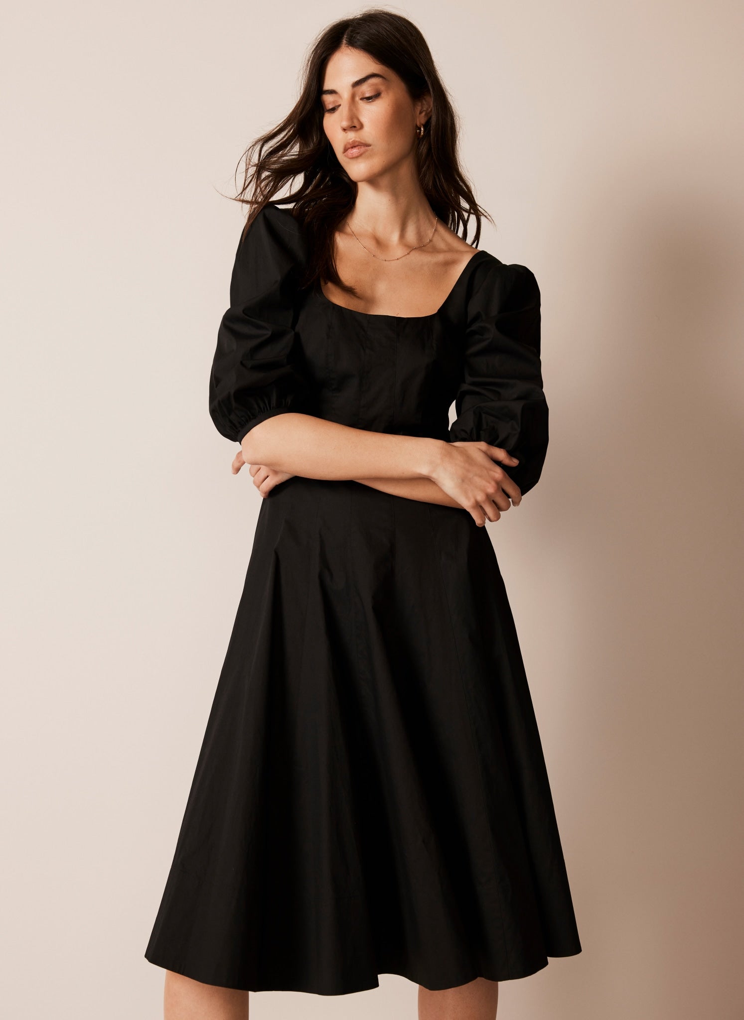 Cotton Puff Sleeve Midi Dress