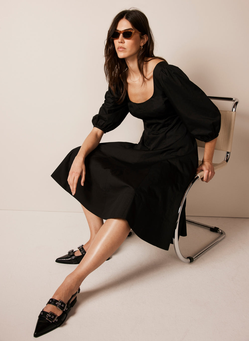 Black Cotton Puff Sleeve Midi Dress