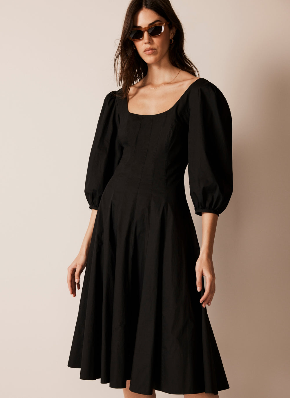 Black Cotton Puff Sleeve Midi Dress