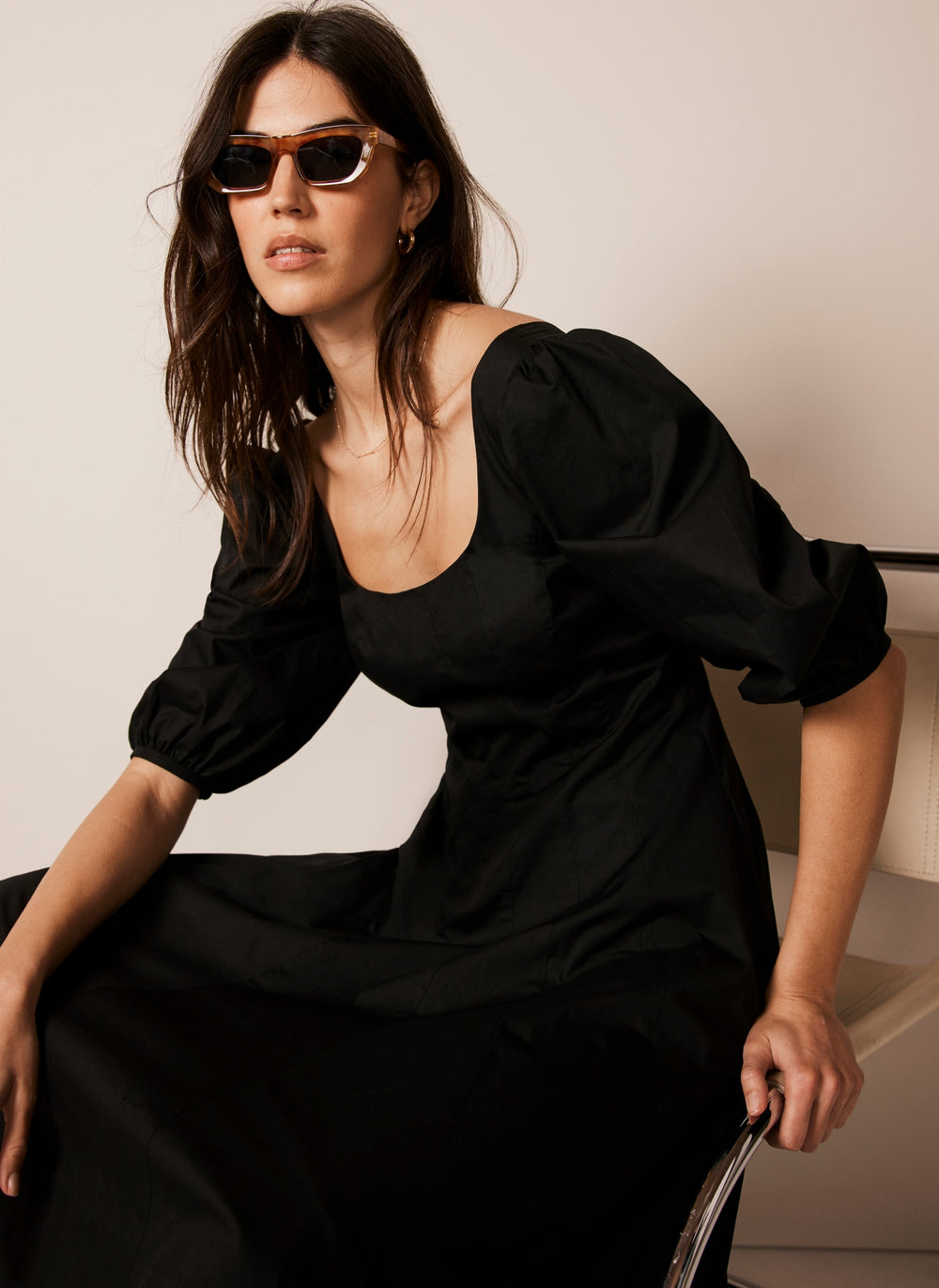 black cotton midi dress with sleeves Black Cotton Puff Sleeve Midi Dress – Mint Velvet