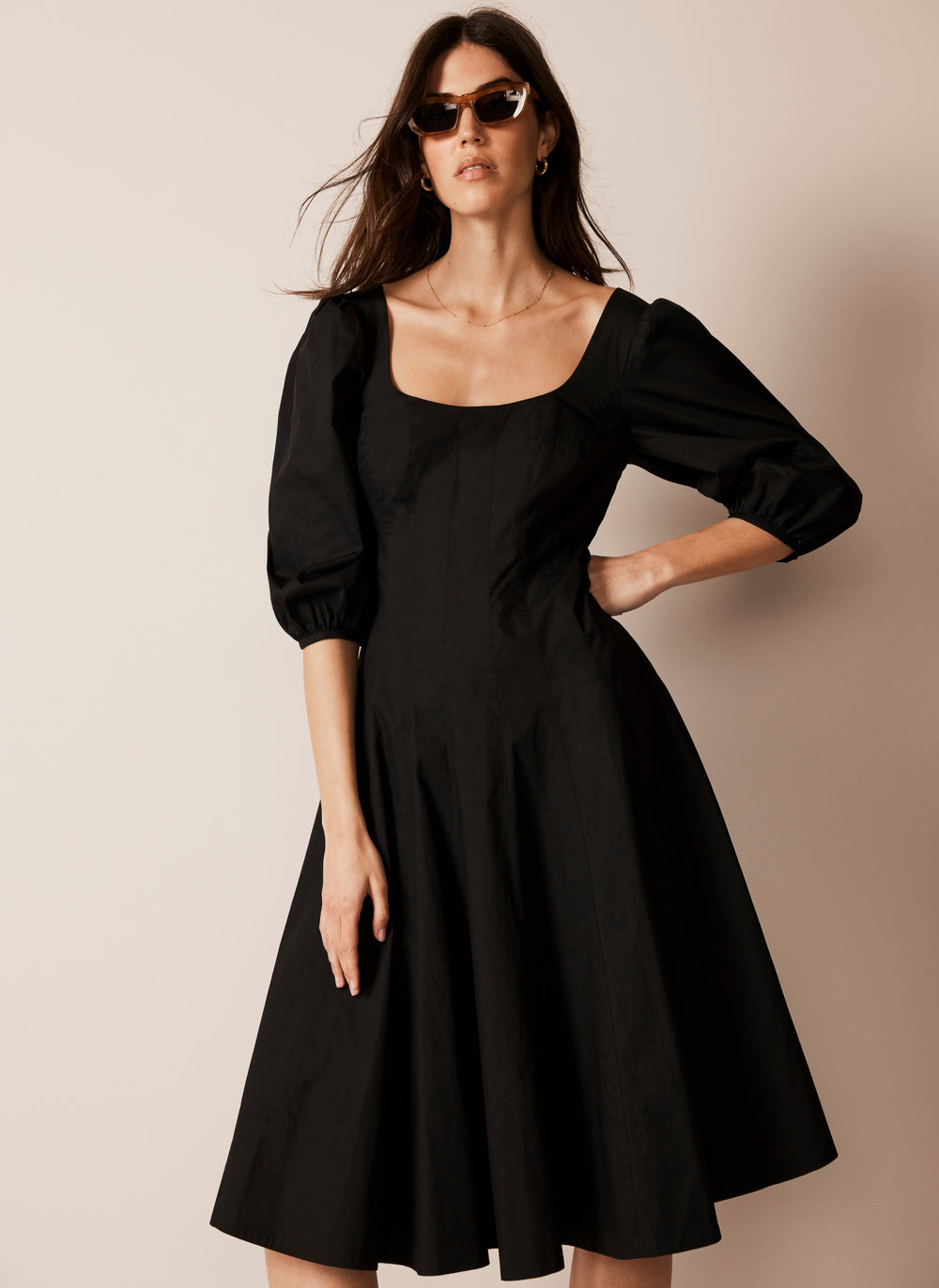 black puff sleeve midi dress Black Cotton Puff Sleeve Midi Dress – Mint Velvet