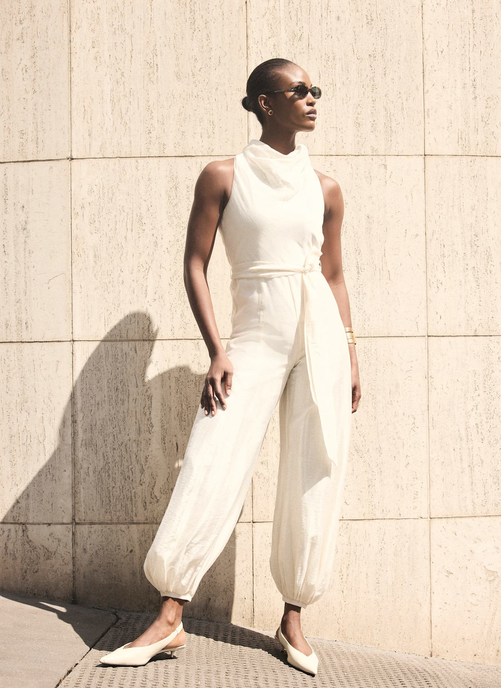 Cream Sleeveless Belted Balloon Jumpsuit