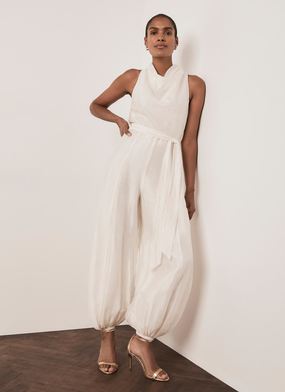 Cream Sleeveless Belted Balloon Jumpsuit