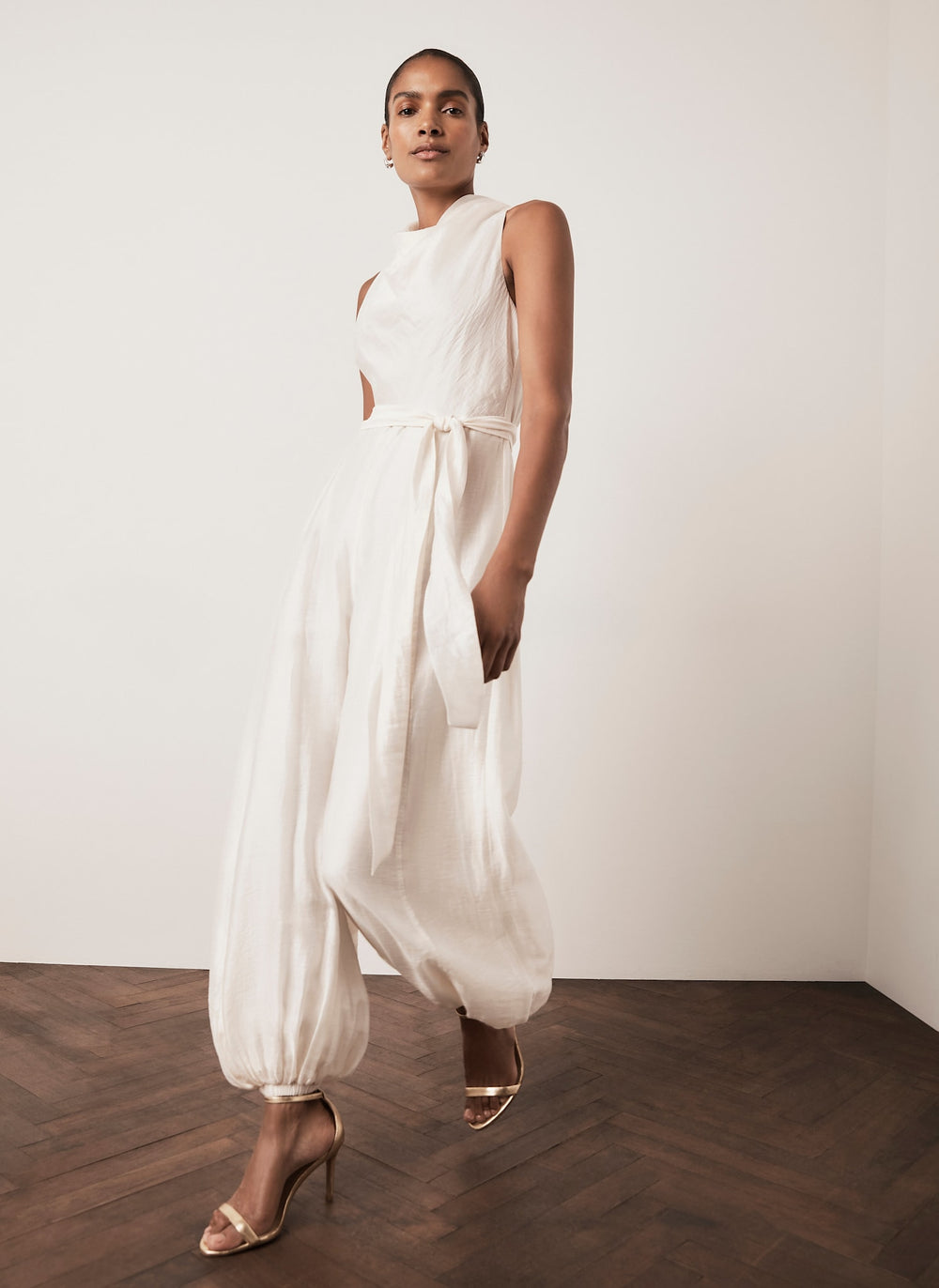 Cream Sleeveless Belted Balloon Jumpsuit