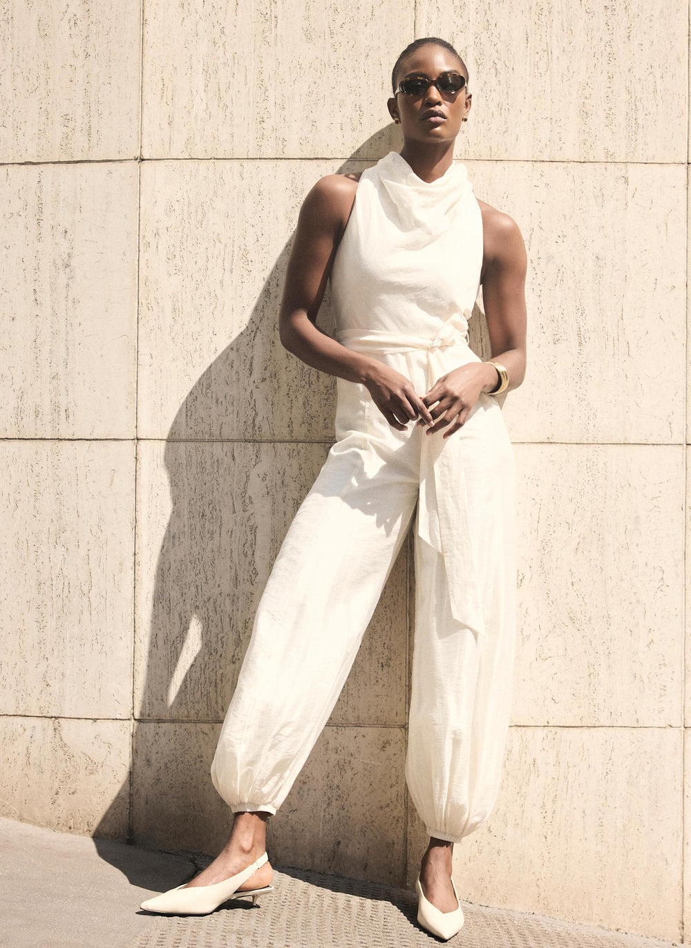 Cream Sleeveless Belted Balloon Jumpsuit
