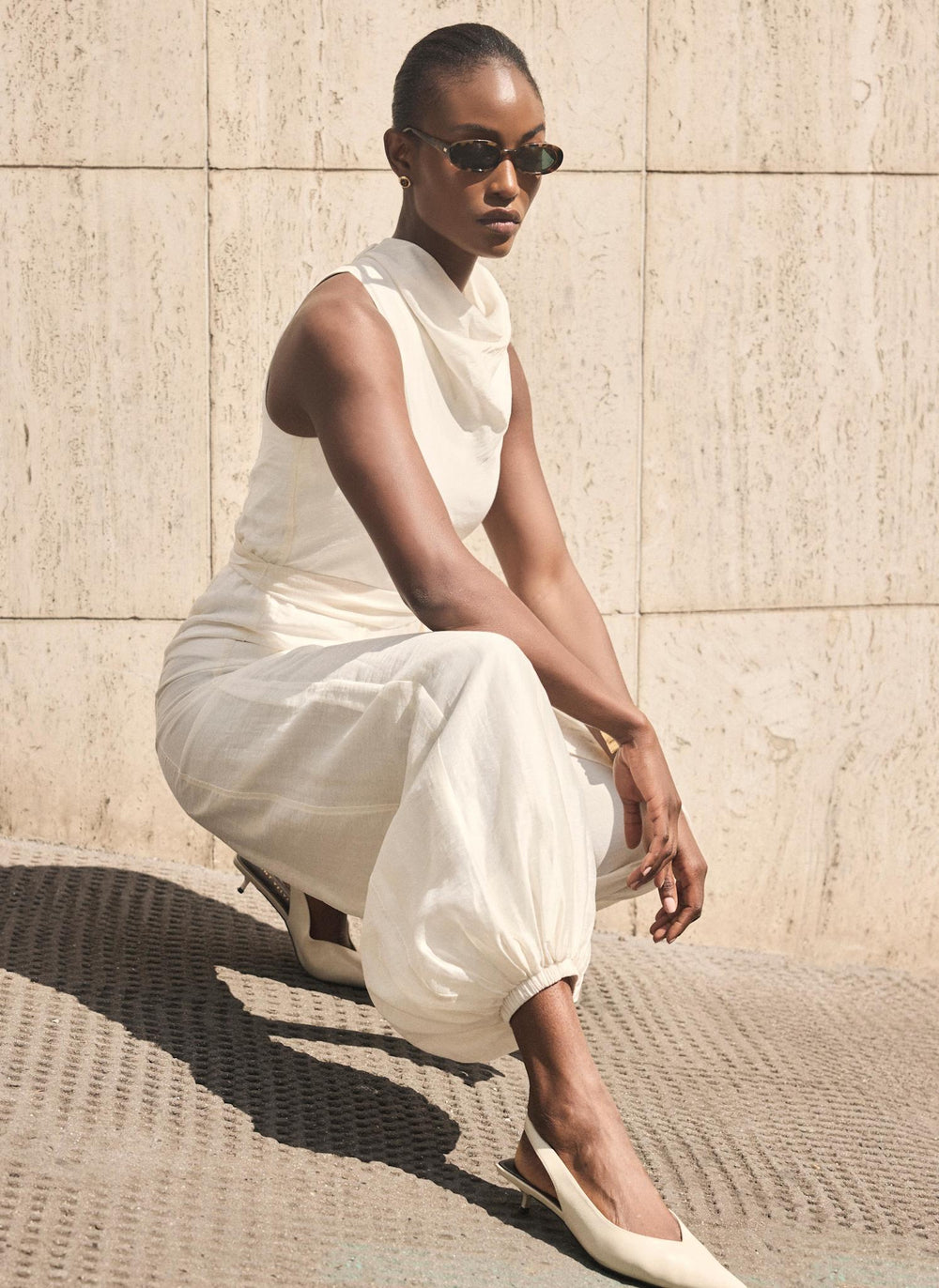 Cream Sleeveless Belted Balloon Jumpsuit