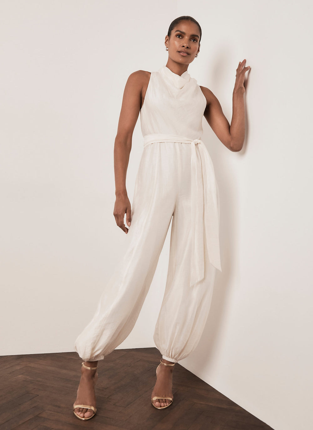 Cream Sleeveless Belted Balloon Jumpsuit